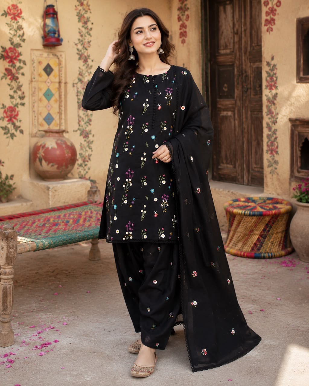 Cross Boti 3PC Dhanak - Black MC-7301-7398