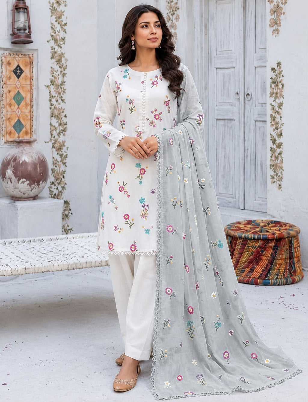 Cross Boti 3PC Dhanak - White MC-7301-7398