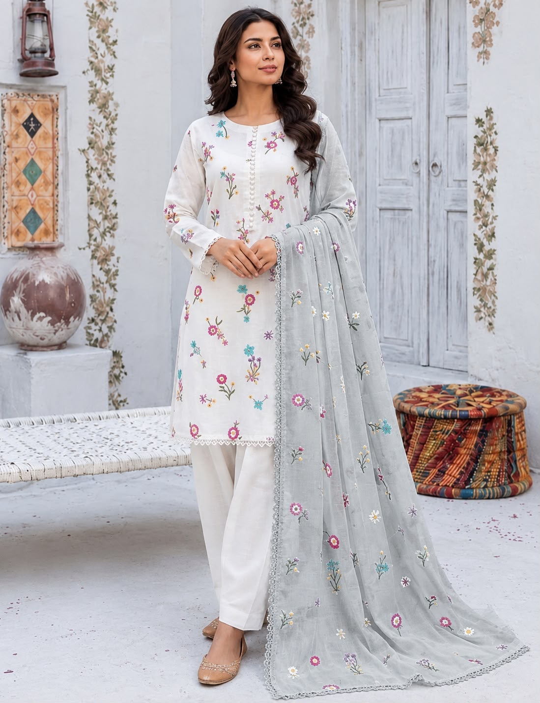 Cross Boti 3PC Dhanak - White MC-7301-7398