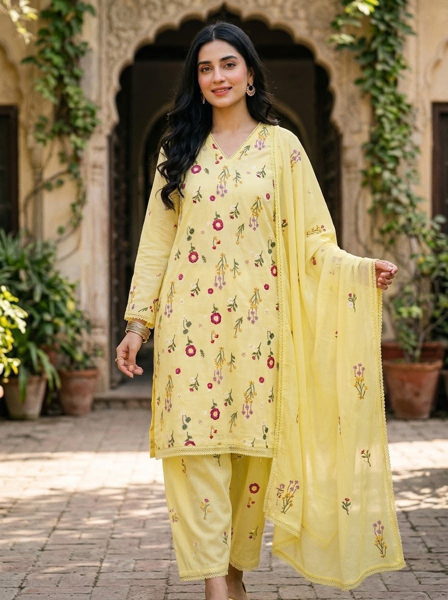 Cross Boti 3PC Dhanak - Yellow MC-7301-7398