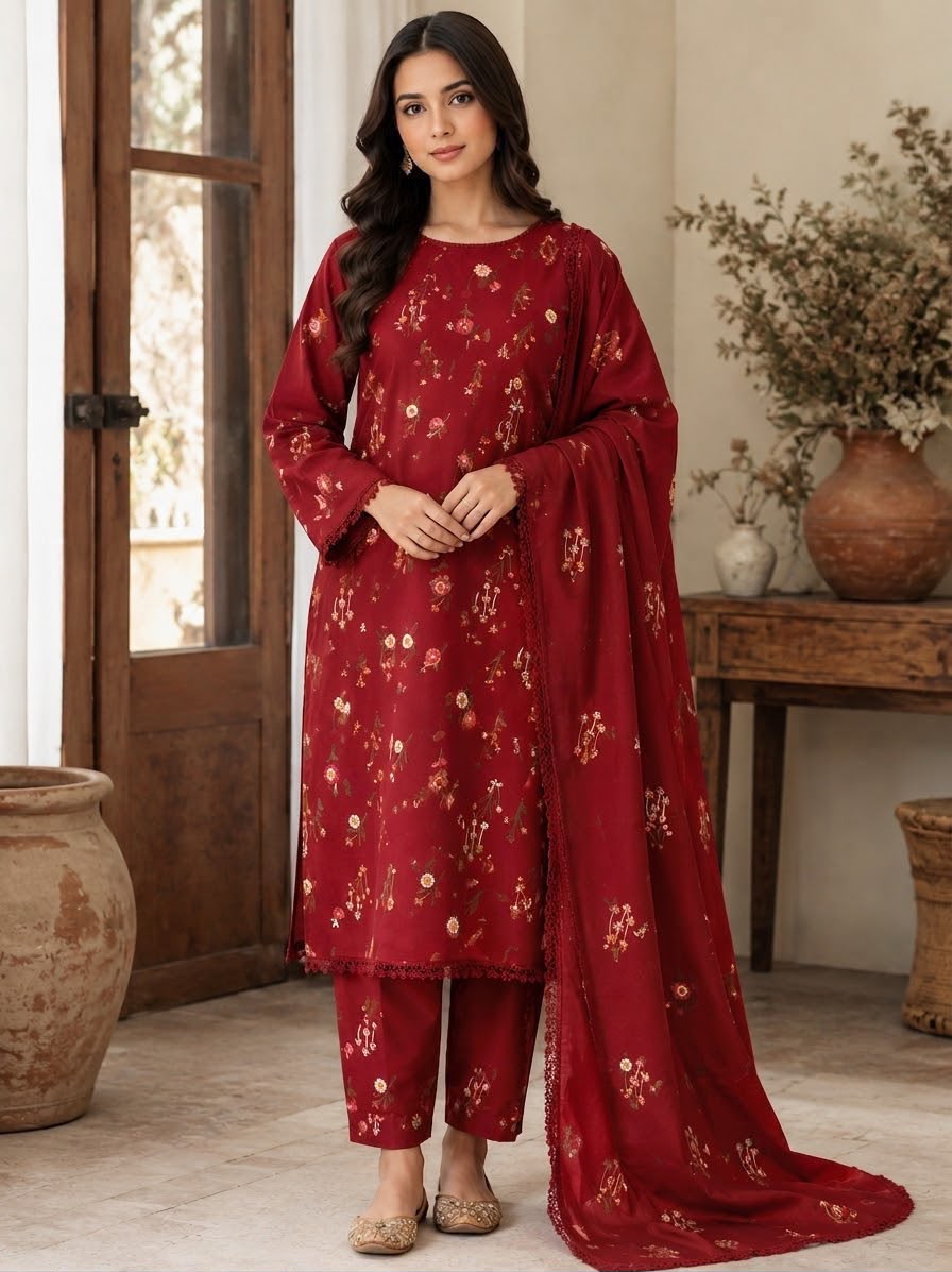 Cross Boti 3PC Dhanak - Red MC-7301-7398
