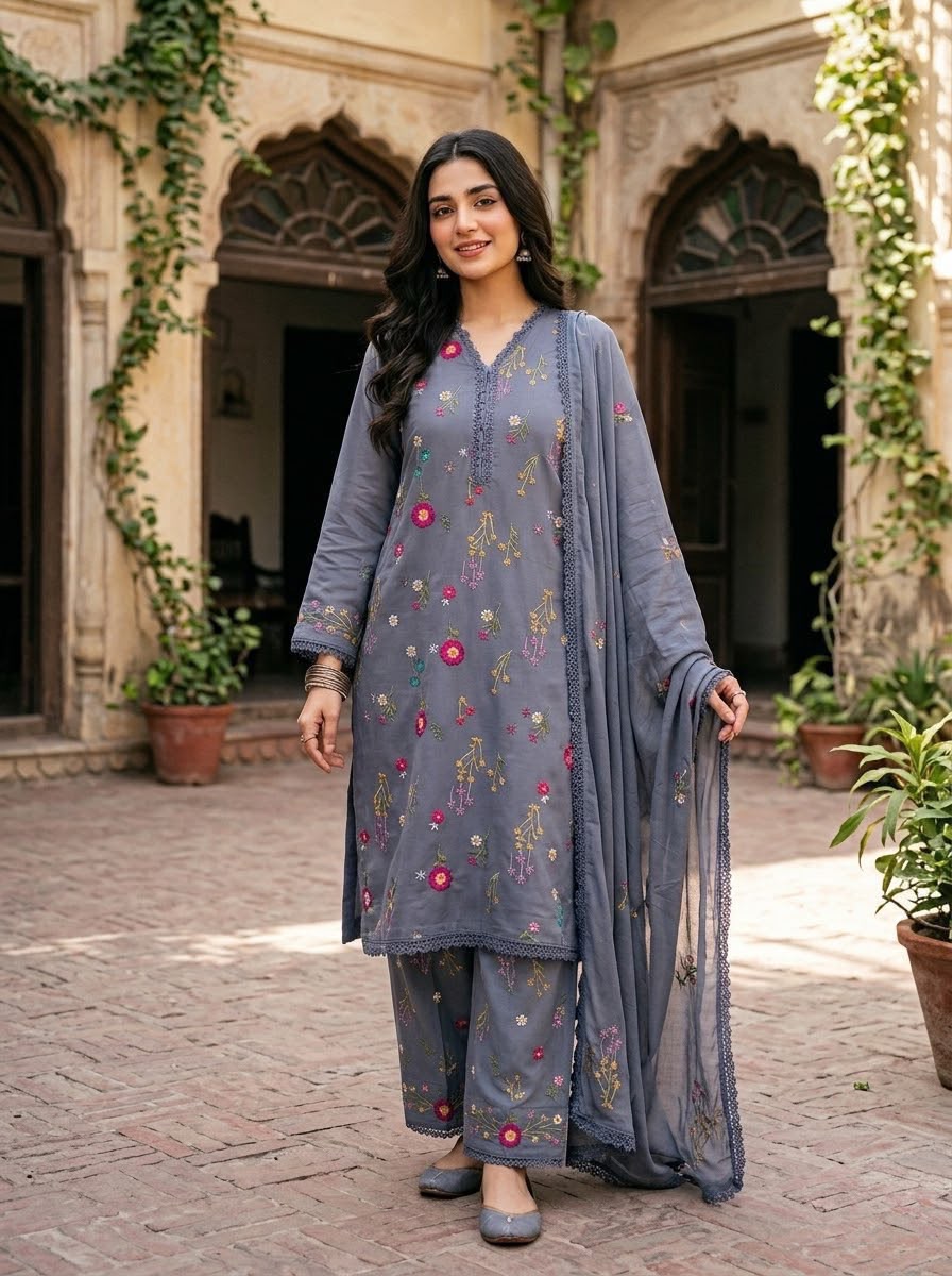 Cross Boti 3PC Dhanak - Gray MC-7301-7398